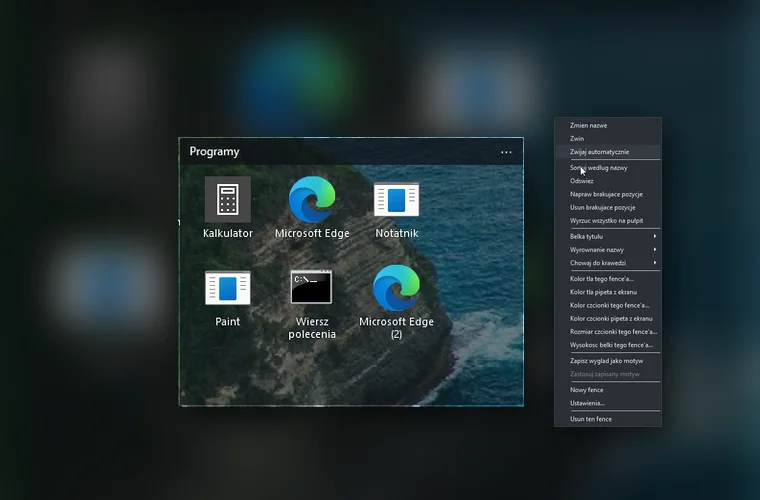 Podgląd aplikacji FencesVE: kontener z ikonami programów na pulpicie Windows i menu kontekstowe