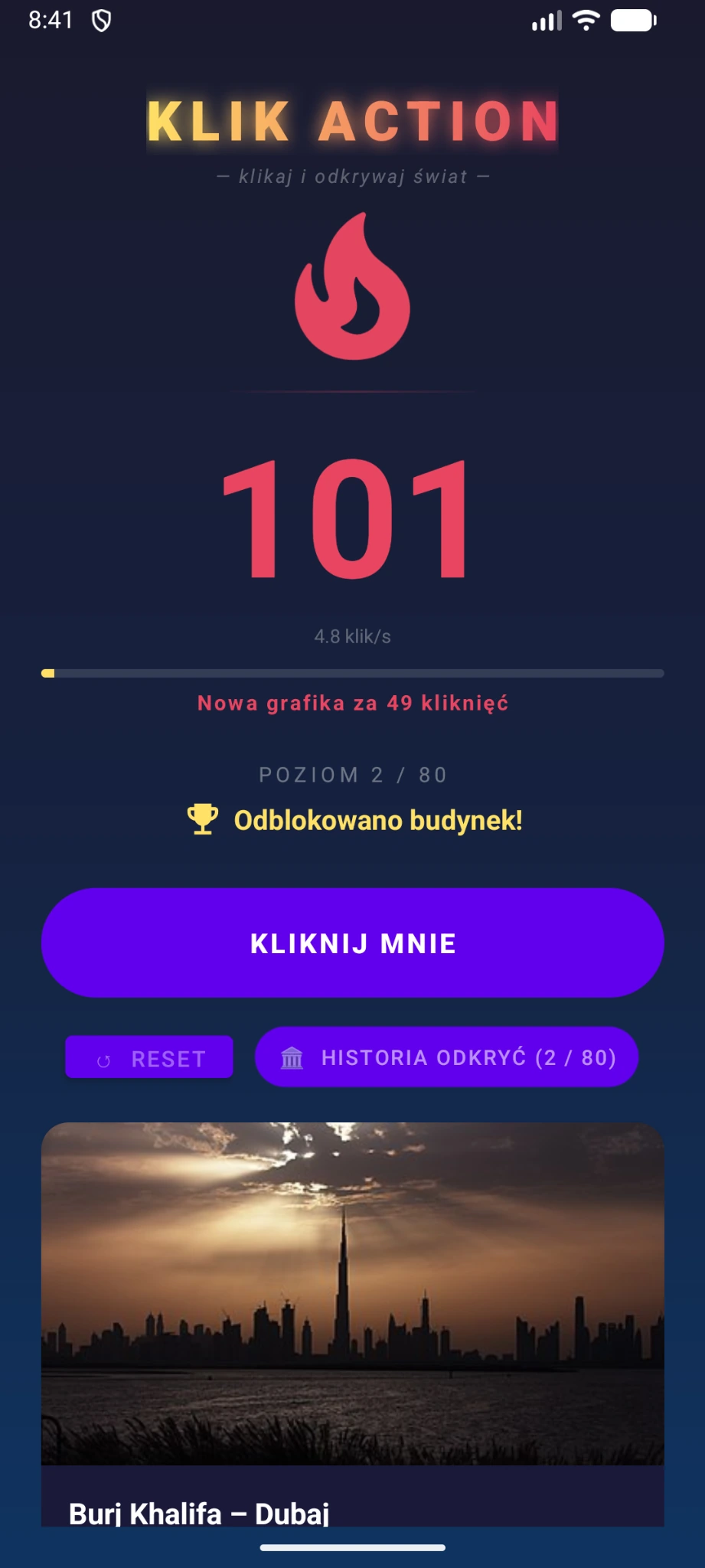 Podgląd aplikacji KlickAction na Androida